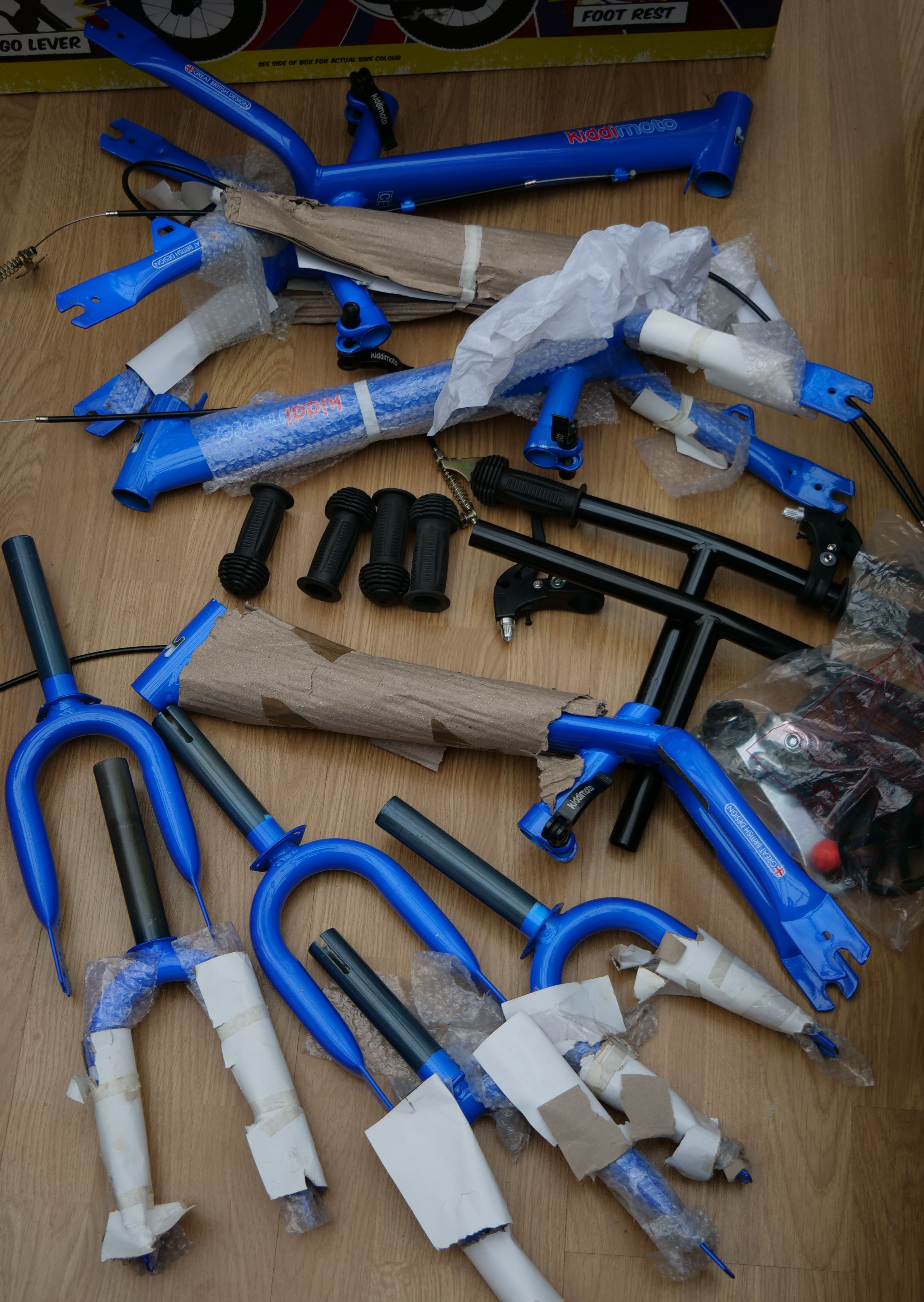 Various Kiddimoto Balance bike parts. Frames, Forks, Cables etc