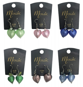 Wholesale Joblot of 65 Mosaic Mixed Colour Glass Heart Earrings