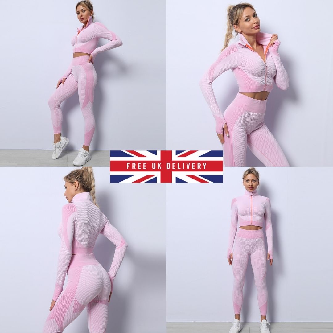 9pc x Anti-Cellulite High Waist Gym Suit Set(Leggings, Sports Bra & Cropped Jacket) 3 sizes l UK SELLER l GCL089-Pink