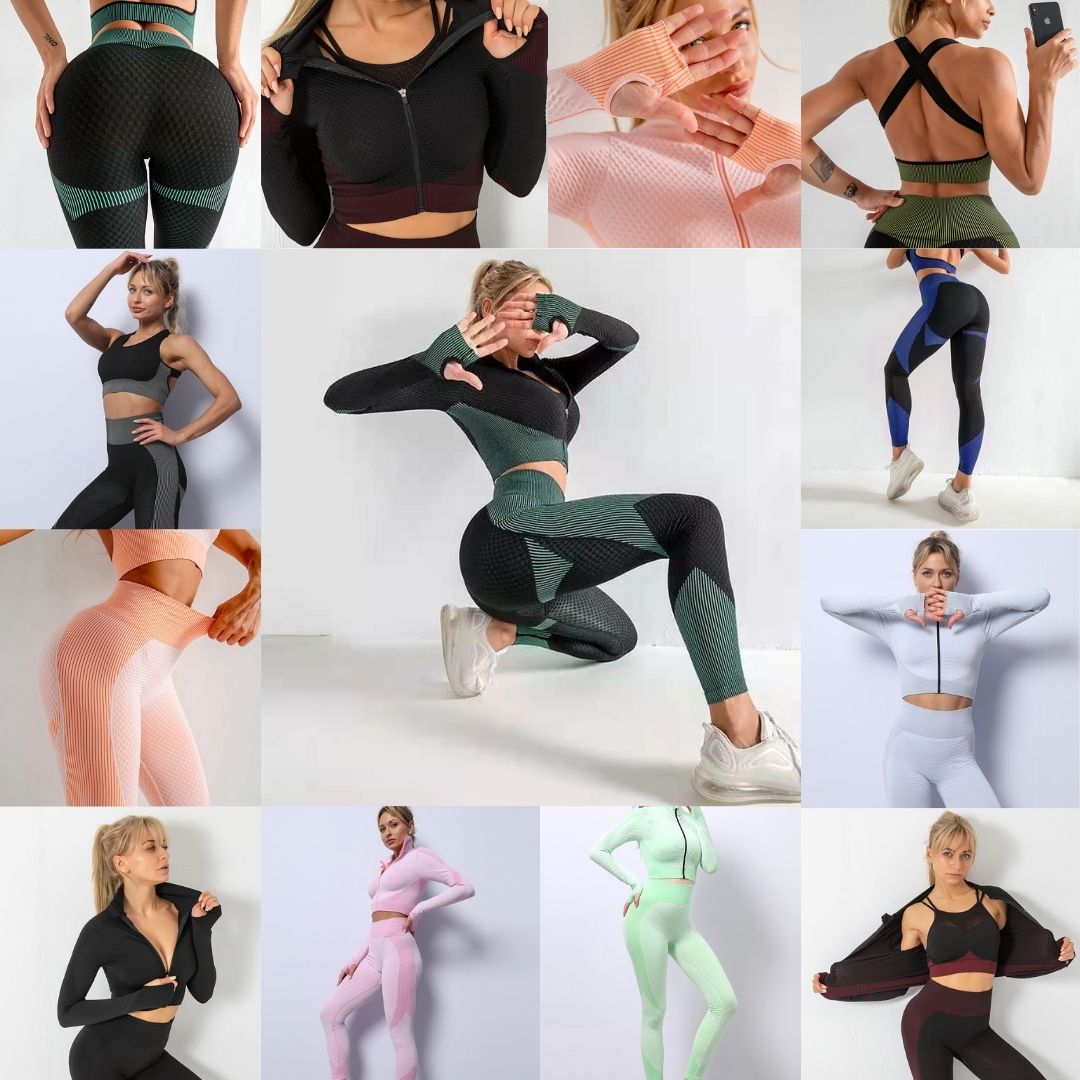 150pc (50Sets) x Anti-Cellulite High Waist Gym Suit Tri-Set(Leggings, Sports Bra & Cropped Jacket) l UK SELLER l GCL089-Pink