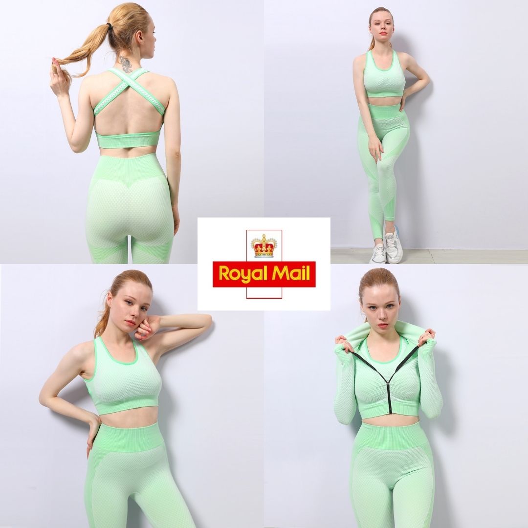 12pc x High Waist Anti-Cellulite Gym Suit Set (Leggings, Sports Bra & Cropped Jacket)  l UK SELLER l GCL089-LimeGreen