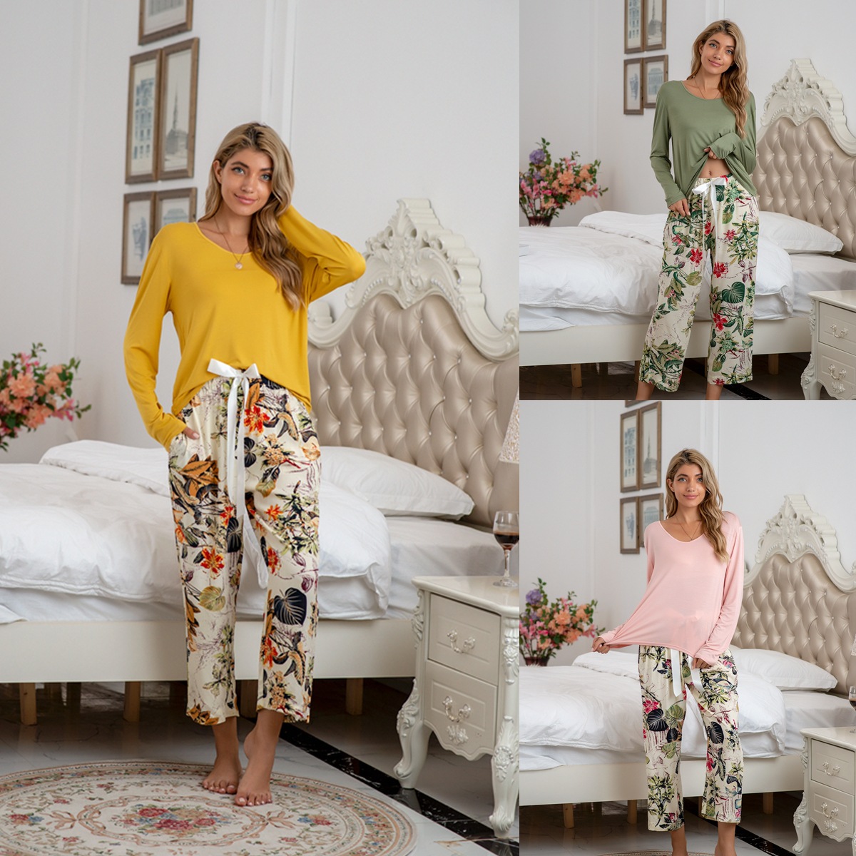 10sets Pyjama Nightwear Loungewear Set Ladies Long Sleeve Women Floral Pattern|GCL088-Pink