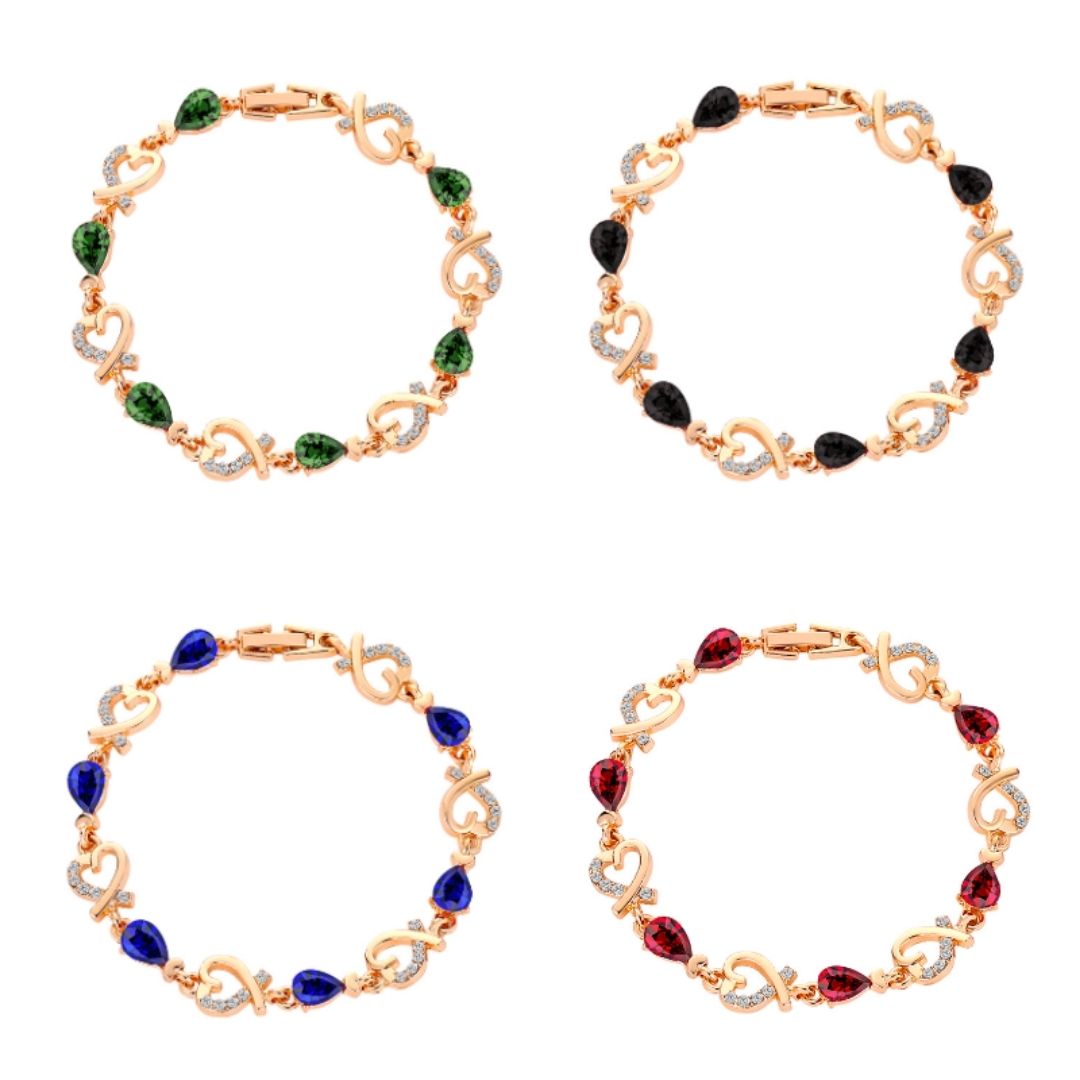 12pc Rose Gold Linked Heart Bracelet with Coloured Stones, 4 colours 3 each|GCJ167
