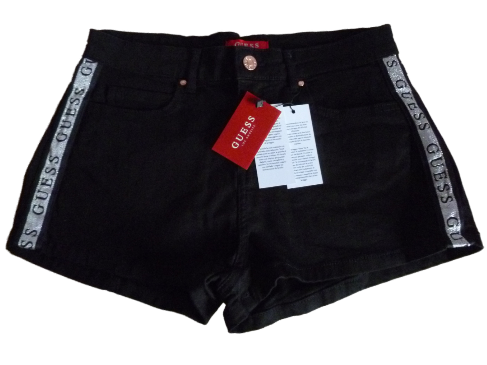 10 Guess 1981 Side Seam Logo Taping Ladies Shorts Black Bnwt New