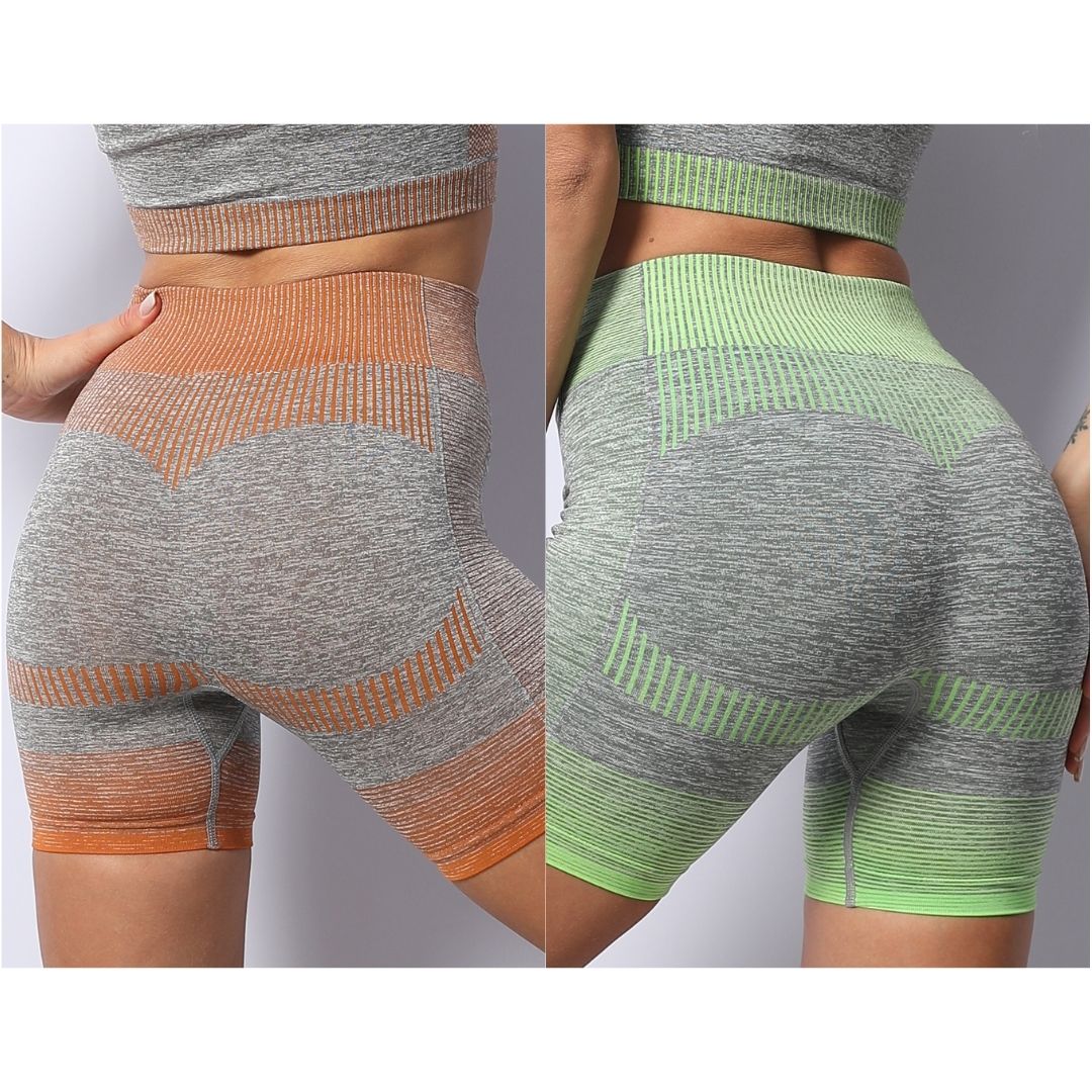 30pc Women's Gym Shorts Seamless Stretch Yoga Fitness Shorts Mixed 3 Sizes|GCL090-Green&Orange Shorts