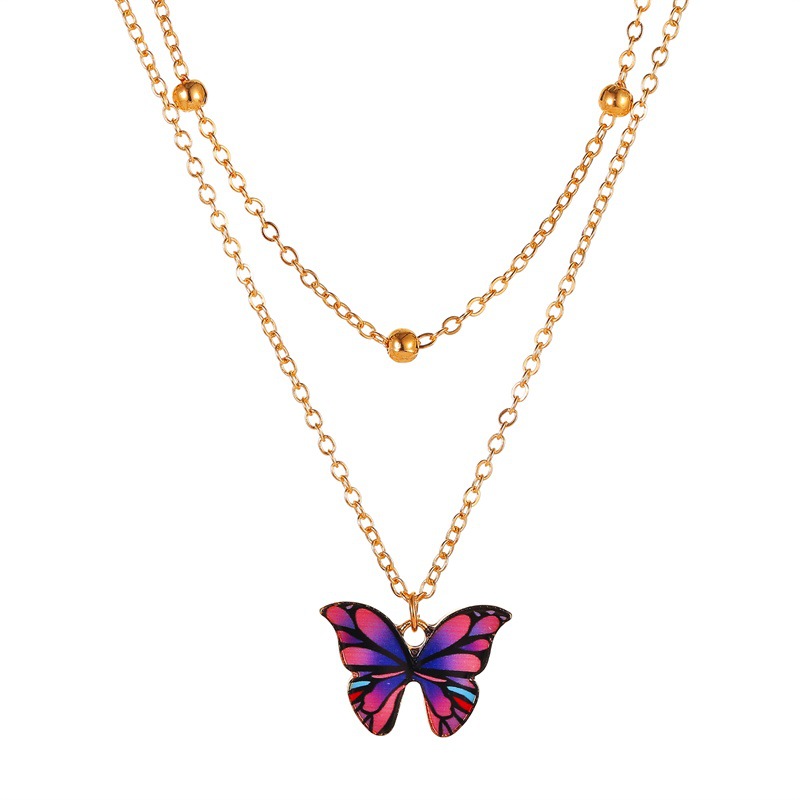 12pc Gold Tone Double Row Butterfly Pendant Necklace-Yellow, Red Or Purple I GCJ245