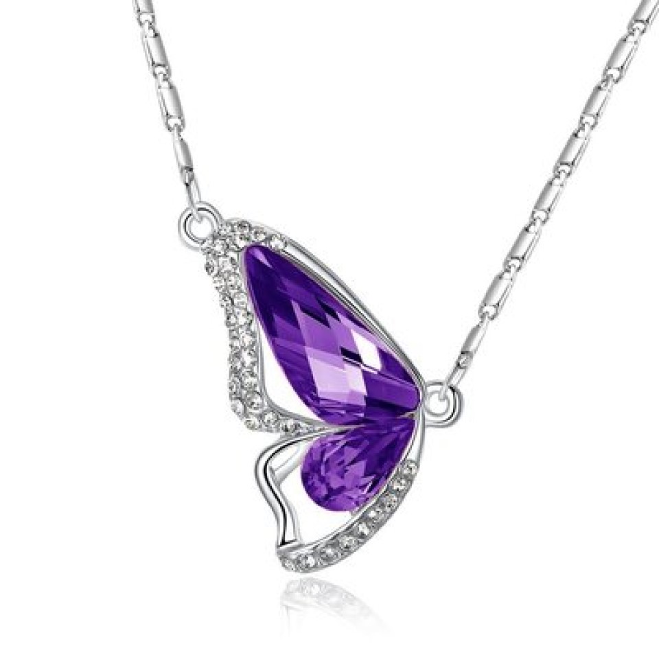 10pc_Silver Tone Crystal Purple Butterfly Lavender Amethyst Pendant Necklace_UK Seller_GCJ544