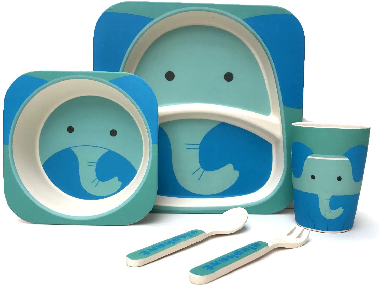 Case of 12 - Children's 5 Piece Bamboo Dinner Set, Eco-Friendly, Dishwasher Safe (Elephant)