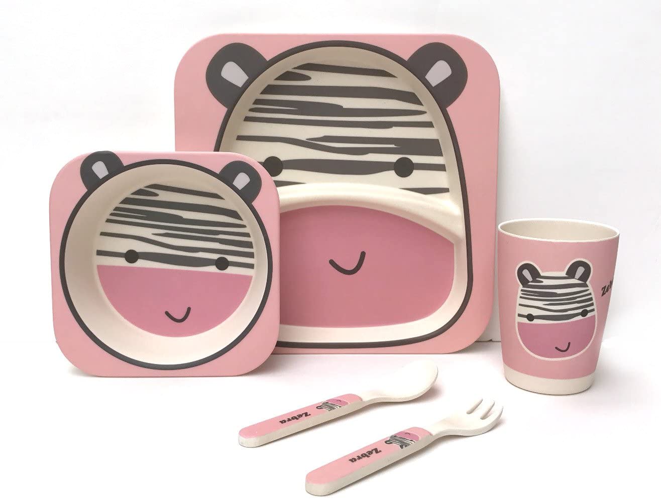 Case of 12 - Children's 5 Piece Bamboo Dinner Set, Eco-Friendly, Dishwasher Safe (Zebra)