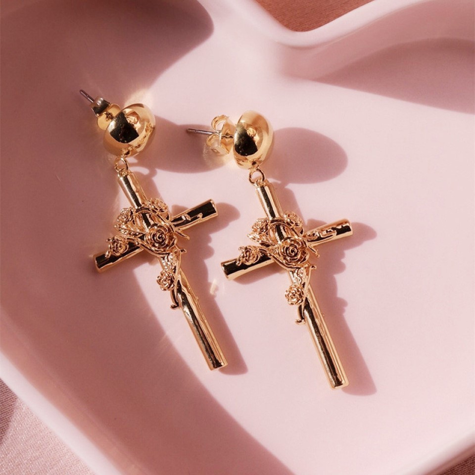 10pairs_Rose Gold Tone Rose flower Cross drop earrings_UK Seller_GCC022