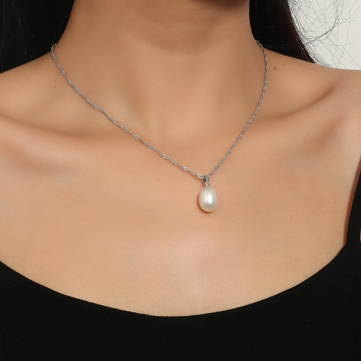 15pc_Silver Tone Necklace with Freshwater Pearl Pendant - White_UK Seller_GCJ221-White
