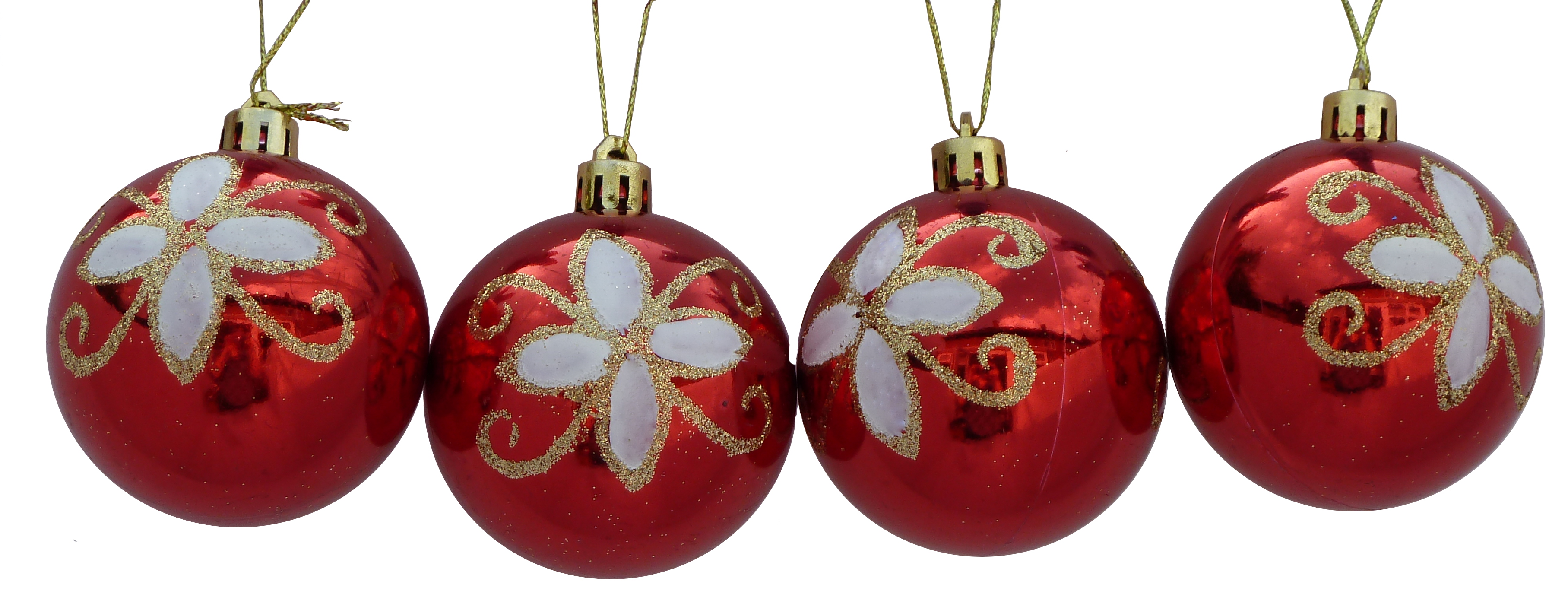 Christmas baubles - Red with white flower (four pack)