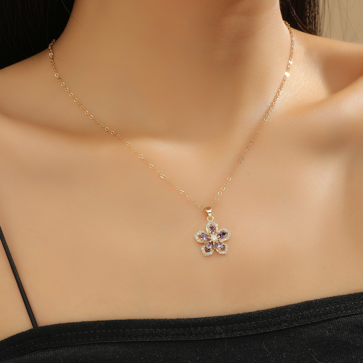 10pcs Amethyst Purple Crystal Flower Pendant Necklace Gold Tone|GCJ287|UK SELLER