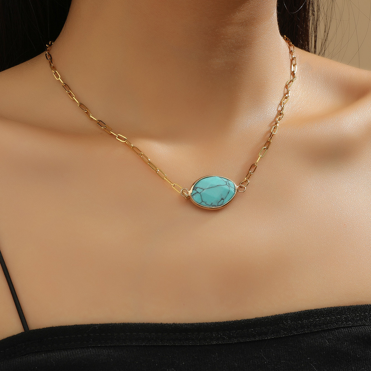10pcs Gold Tone Oval Blue Turquoise Gemstone Pendant Necklace|GCJ290|UK SELLER