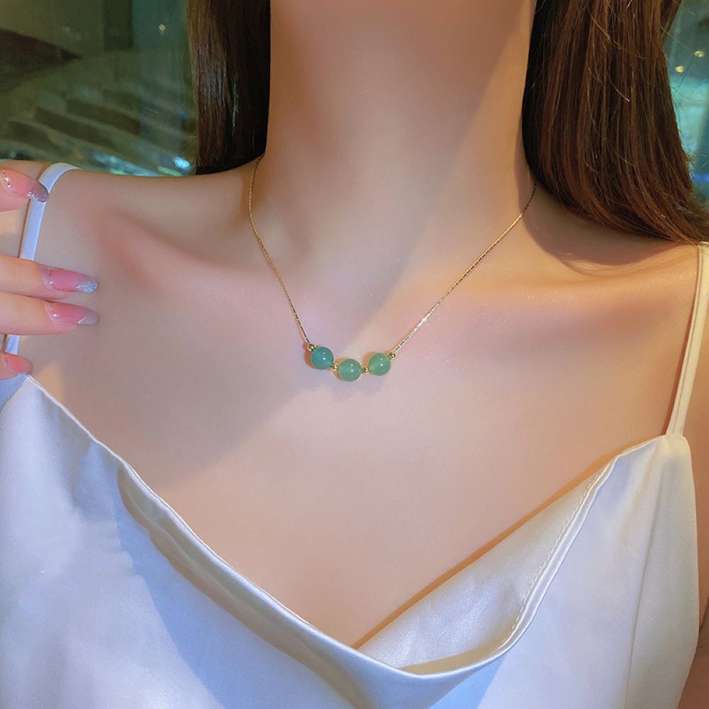 10pcs Gold Tone Three Jade Beads Pendant Necklace|GCJ298|UK SELLER