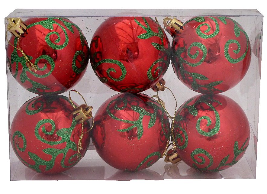 Red baubles with green design - 6 Pack