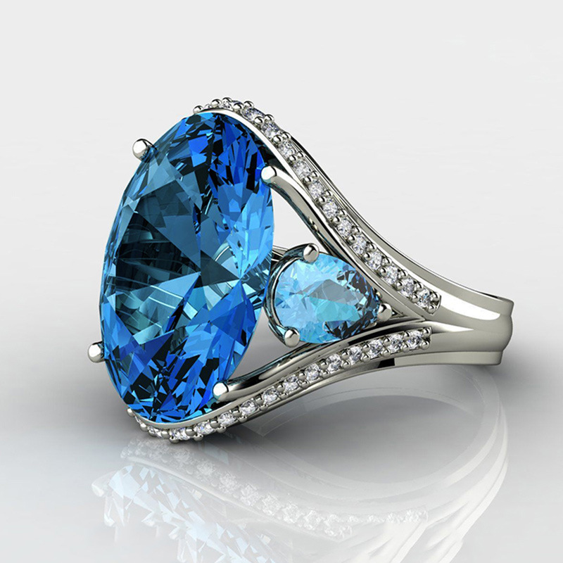 12pcs Blue Sapphire Oval Three Stone Zircon Crystal Ring – 4 Sizes 3 Each (Size: 6,7,8,9)|GCJ327|UK SELLER
