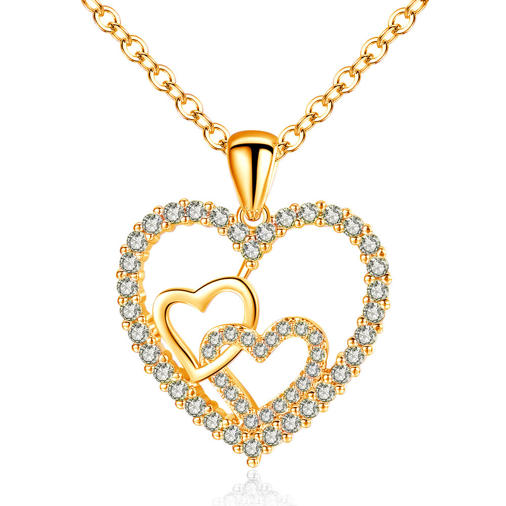 10pcs Double Heart Zirconia Crystals Love Gold Tone Pendant Necklace|GCJ338|UK SELLER