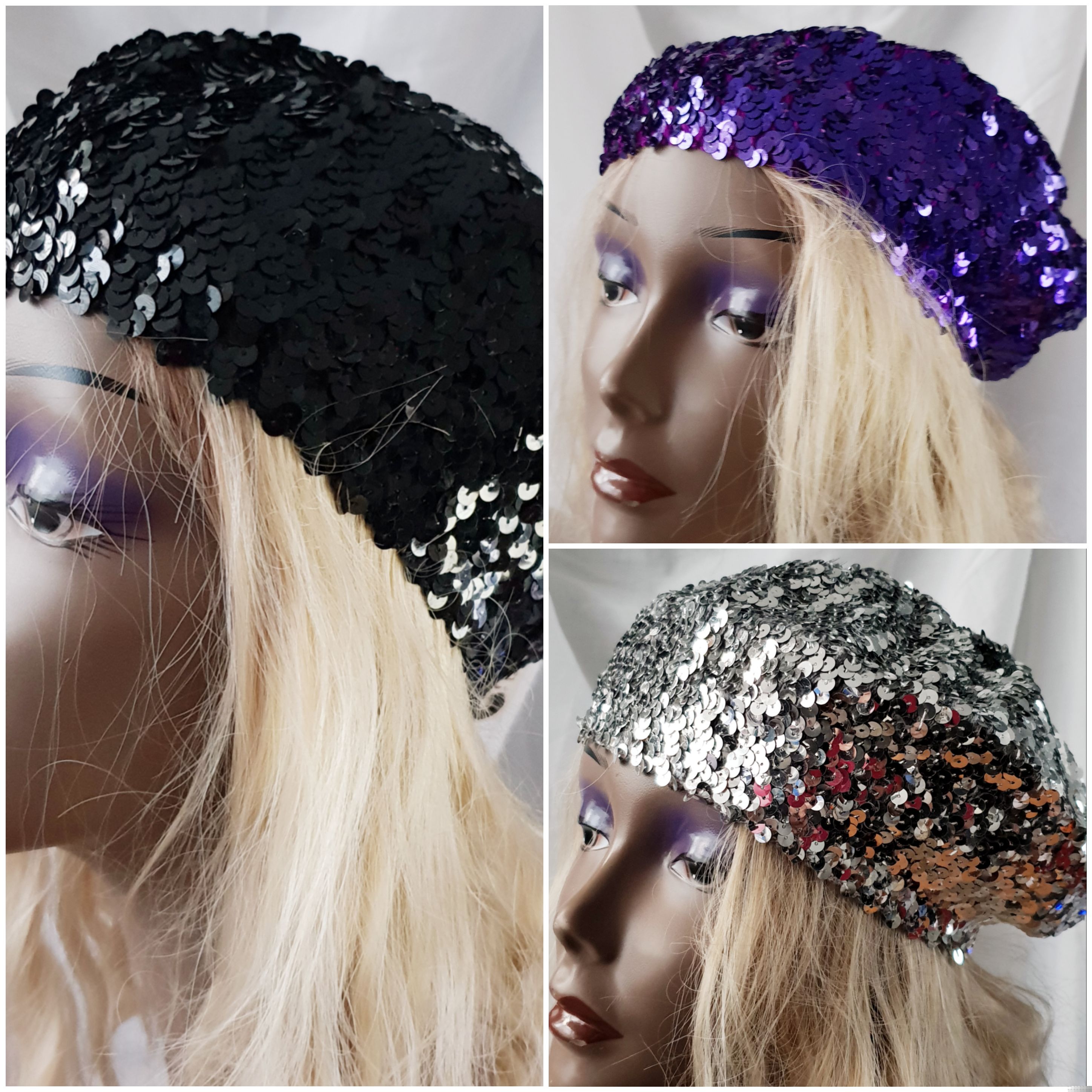 Lot of Flirt London Sequin Beret Hats black / silver / purple 41 pieces