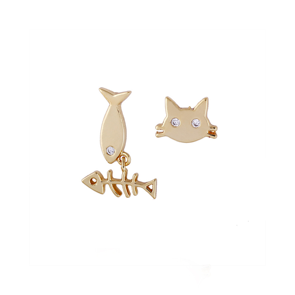 Gold plated Fish & Cat Stud Earrings with Zirconia stones, New