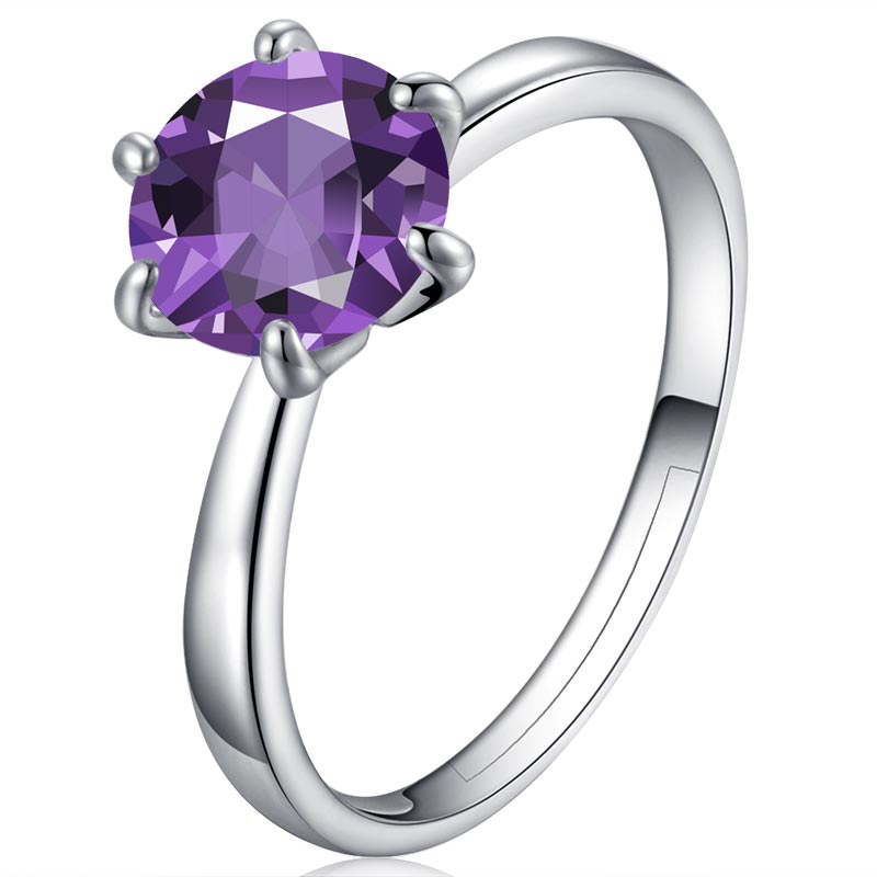 10 pcs - Solitaire Amethyst Zircon Purple Crystal 6 Prong Silver Ring in Size P and R – 2 Sizes 5 Each|GCC066|UK SELLER