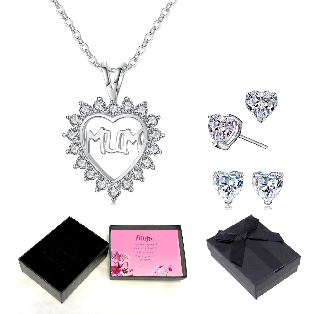 20 pcs - Love Heart Zircon Crystals Pendant Necklace and Earrings Jewellery Set For Mum With Message Card Box (10 Sets)|GCJ143GCJ234Mum-message|UK SEL