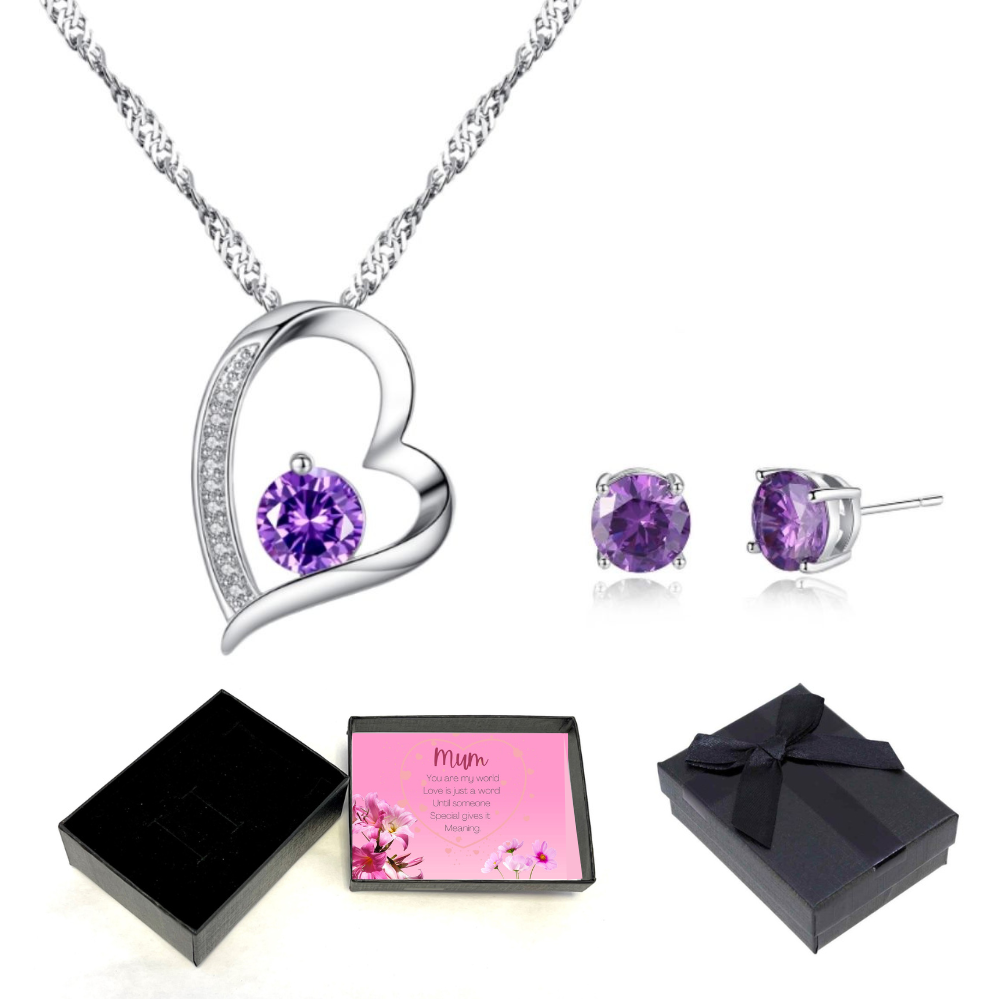20 pcs -Sparkling Purple Heart Zircon Crystals Pendant Necklace & Earrings Set With Message Card Box (10 Sets)|GCJ155-2PcsSet-Mum-MSG|UK SELLER