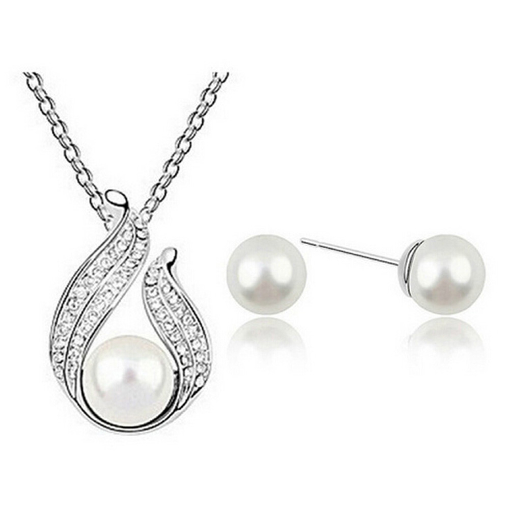 20 pcs - Elegant Silver Drop Design with Pearl Earrings and Crystal Pendant Necklace Sets (10 Sets)|GCJ160+GCJ231|UK SELLER