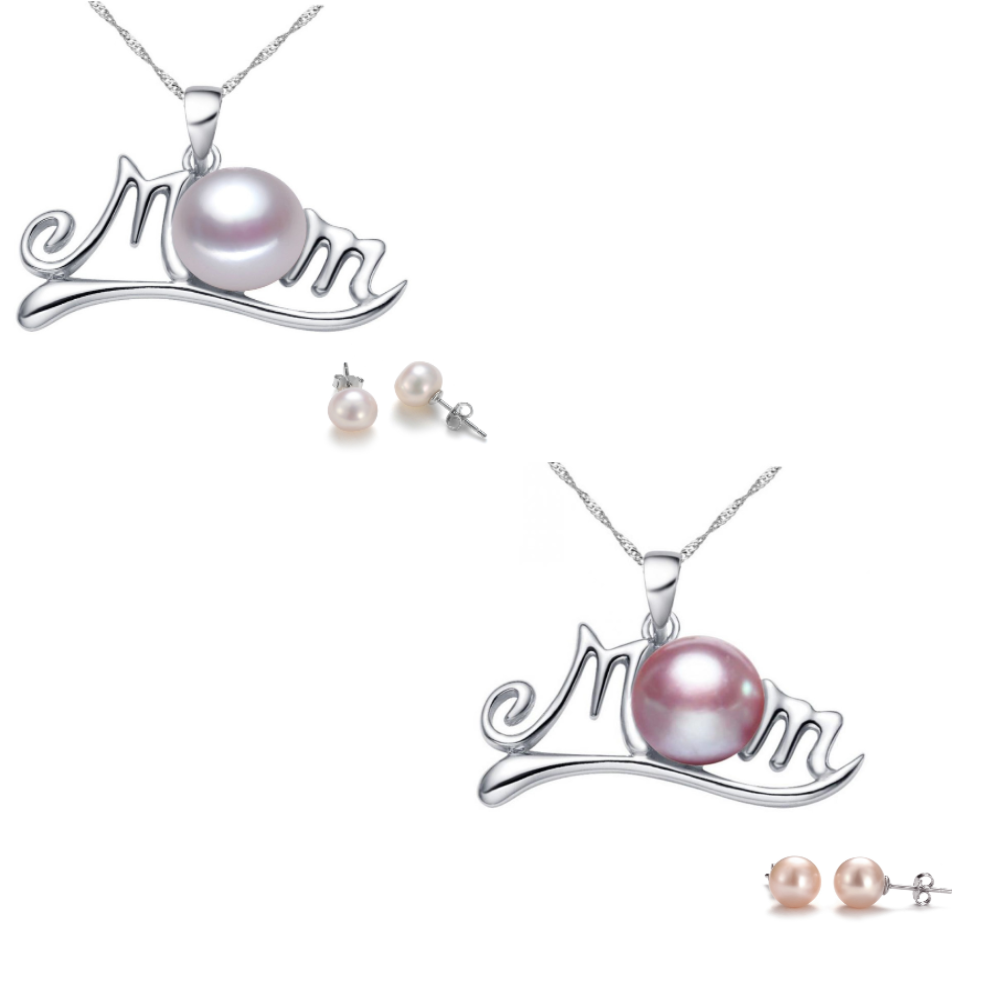 20 pcs - Mum Freshwater Pearl Pendant Necklace and Earrings Set in White and Purple (10 Sets) - 2 Colours 5 Each|GCC073-WHITE/PURPLE +GCJ231-WHITE/PUR