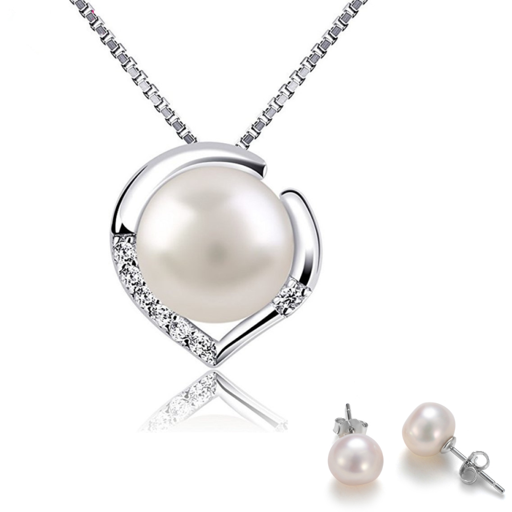 20 pcs - Pearl Heart Crystal Silver Tone Pendant Necklace and Earrings Set (10 Sets)|GCJ543+GCJ231|UK SELLER