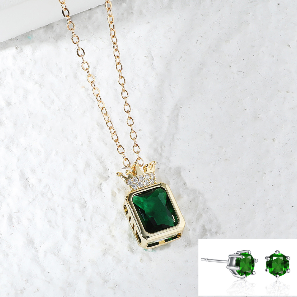 20 pcs - Emerald Crown Green Zircon Crystal Gold Tone Pendant Necklace and Earrings Set – 10 Sets|GCJ527+GSV004-Green |UK SELLER