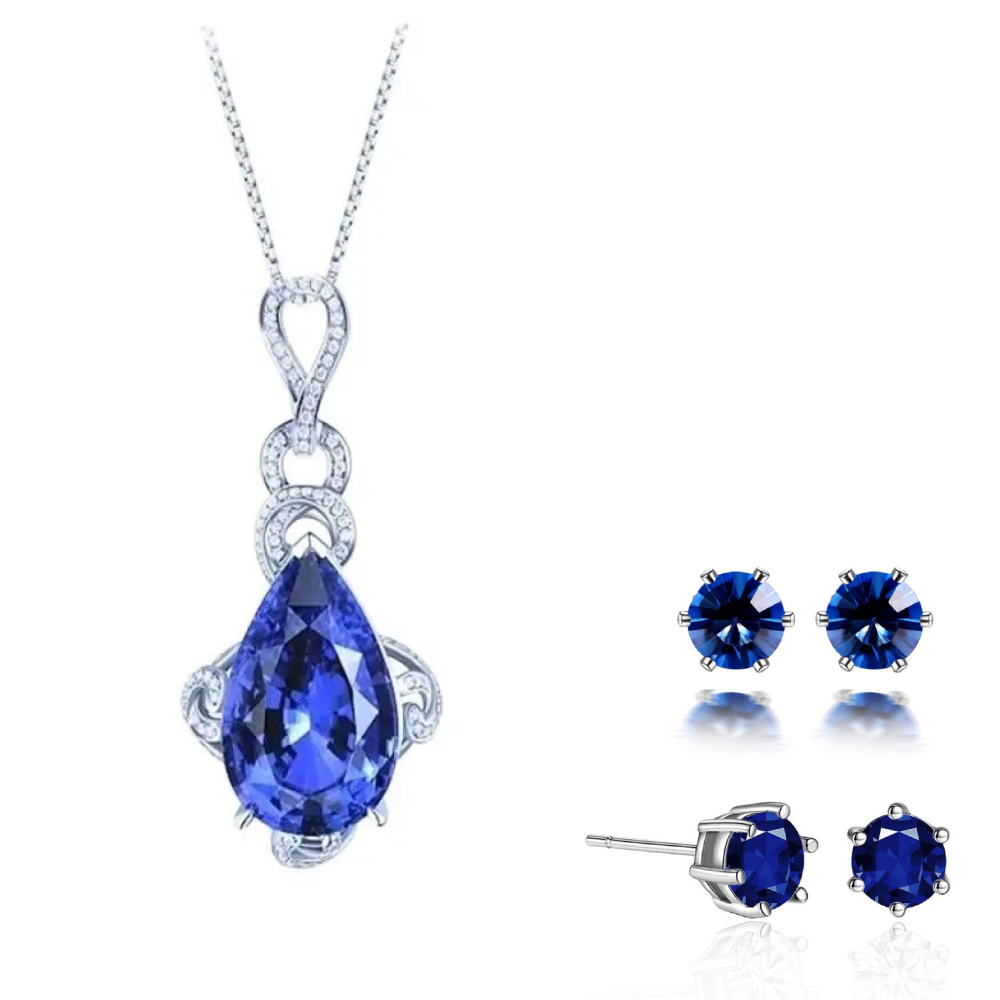 20 pcs - Blue Simulated Sapphire Teardrop Pendant Necklace and Earrings Set – 10 Sets|GCC019+ GCJ019BLUE |UK SELLER