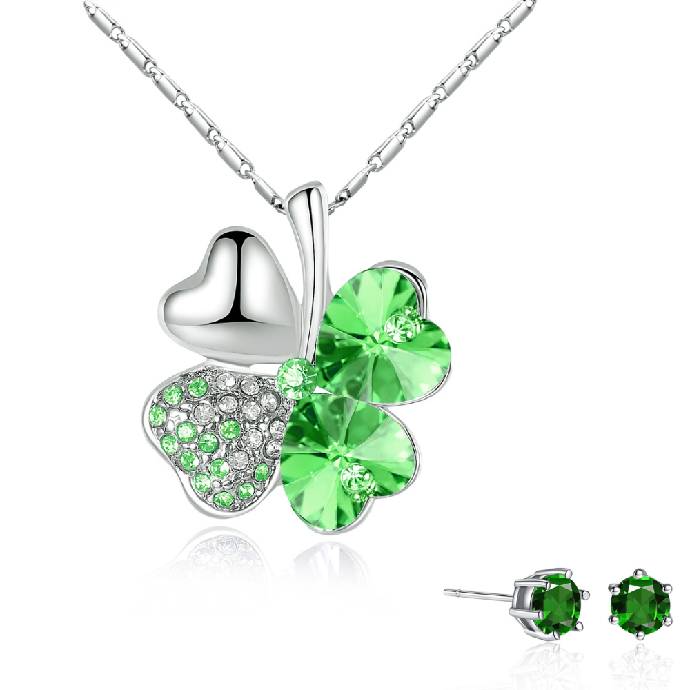20 pcs - Crystal Green Four-leaf Flover Necklace and Earrings Set – 10 Sets|GCC053+GSV004-Green|UK SELLER