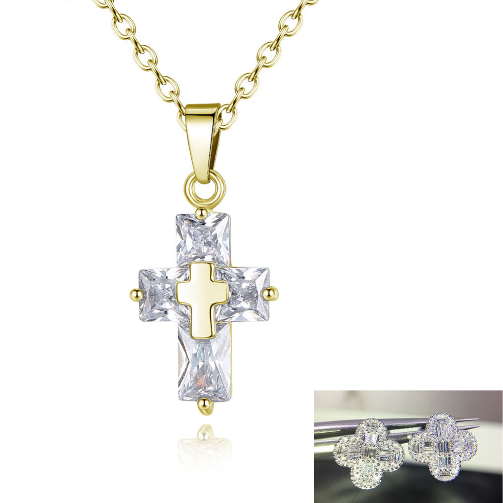 20 pcs - Golden Christian Cross Crystal Necklace and Earrings Set – 10 Sets|GCC061+GCC033|UK SELLER