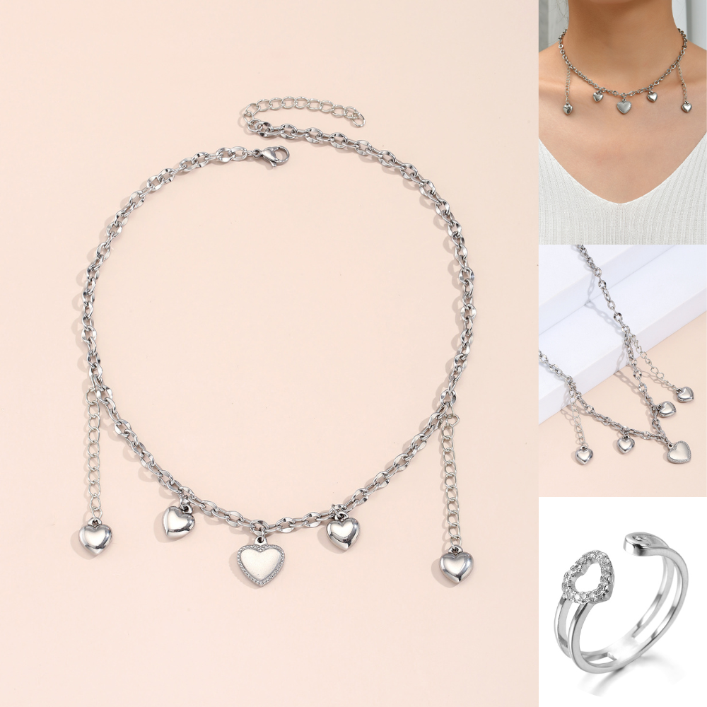 20 pcs -Love Heart Charms Pendants Choker Necklace and Open Rings Set – 10 Sets|GCJ227+GCC136|UK SELLER