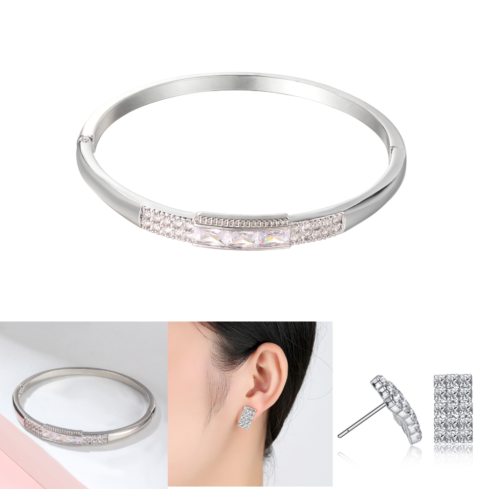 20 pcs - Crystal Silver Tone Luxurious Square Bangle and Earrings Set – 10 Sets|GCC009 +GCC051|UK SELLER
