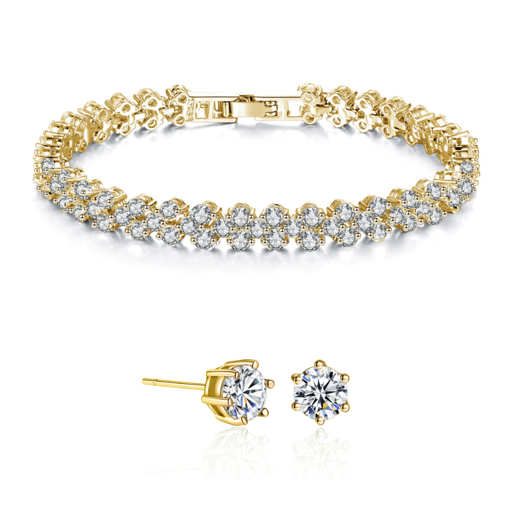 20 pcs - Gold Tone Tennis Bracelet with Clear Cubic Zirconia Crystal and Earrings Set – 10 Sets|GCC004+GSV004-Gold|UK SELLER
