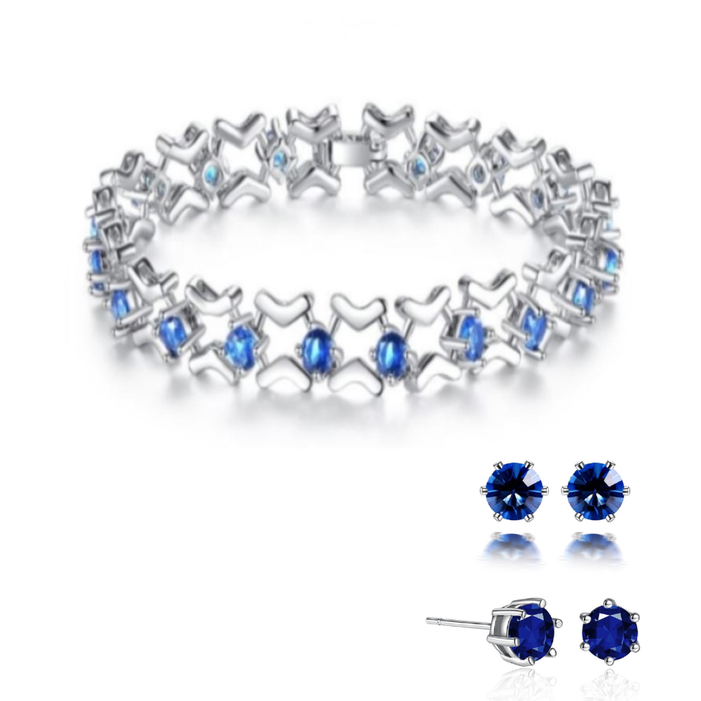 20 pcs - Blue Rhodium Plated Cubic Zirconia Link Bracelet and Earrings Set – 10 Sets|GCJ019GCJ023-Blue|UK SELLER