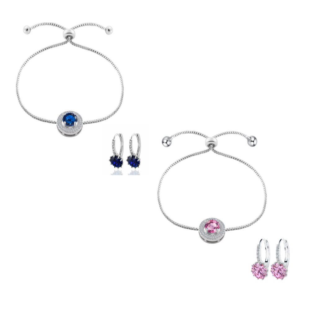 20 pcs - Silver Tone Crystal Adjustable Bracelet and Earrings set - Blue and Pink (5 Sets Each Colour) – Total 10 Sets|GCJ525-Blue/Pink + GCJ005-Blu
