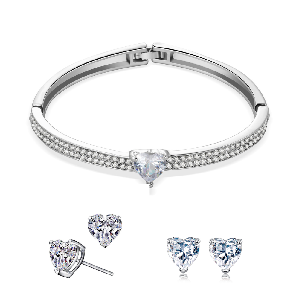 20 pcs - Silver Tone Heart Crystal Bangle and Earrings Set - 10 Sets|GCJ549+GCJ234|UK SELLER