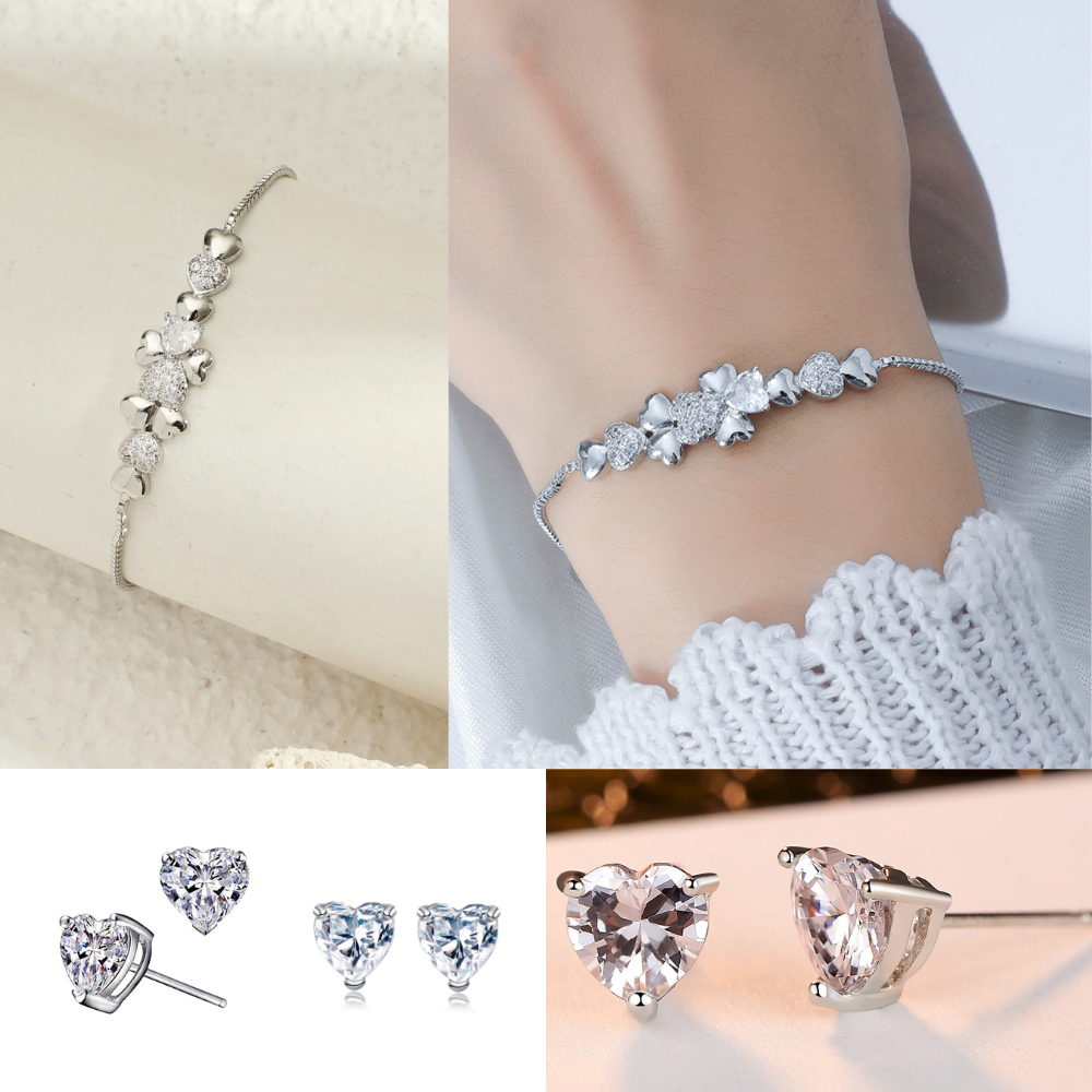 20 pcs - Stunning Silver Four-leaf Clover Linked Heart Crystal Adjustable Bracelet and Earrings Set - 10 Sets|GCJ242+GCJ234|UK SELLER
