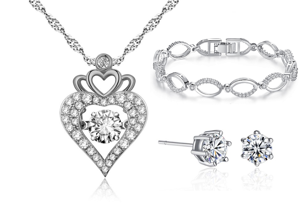 30 pcs - Love Heart Crystal Pendant Necklace Bangle Earrings Tri-Set - 10 Sets|GSV004GSVB061GCC070-Tri-Set|UK SELLER