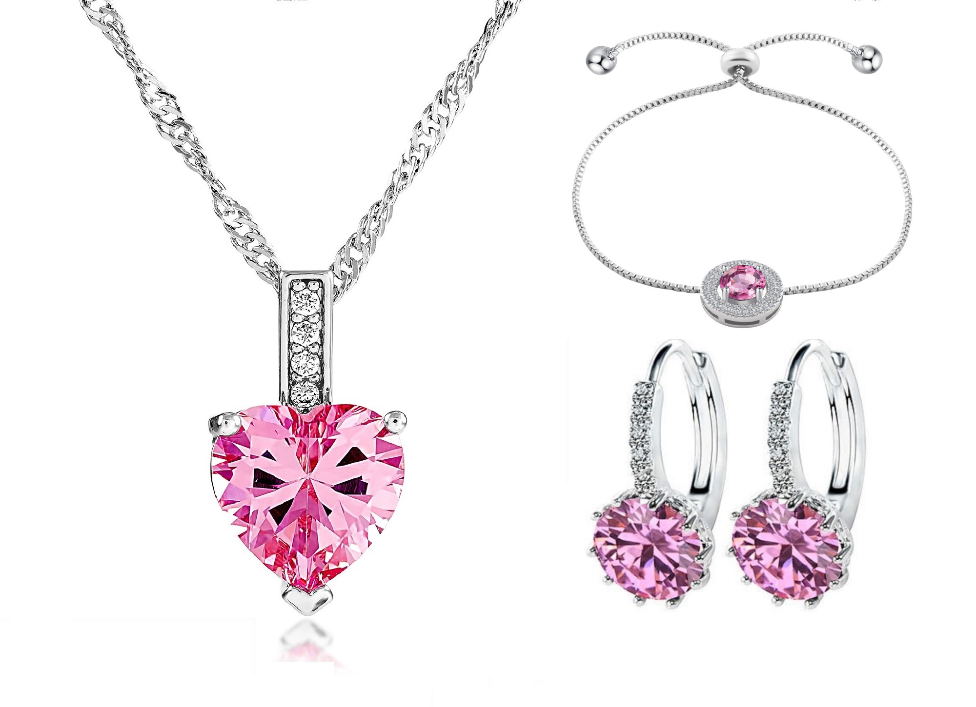 30 pcs - Crystal Pink Sapphire Pendant Necklace Bracelet and Earrings Tri-Set - 10 Sets|GCJ005GCJ024GCJ525-Pink Tri-Set|UK SELLER
