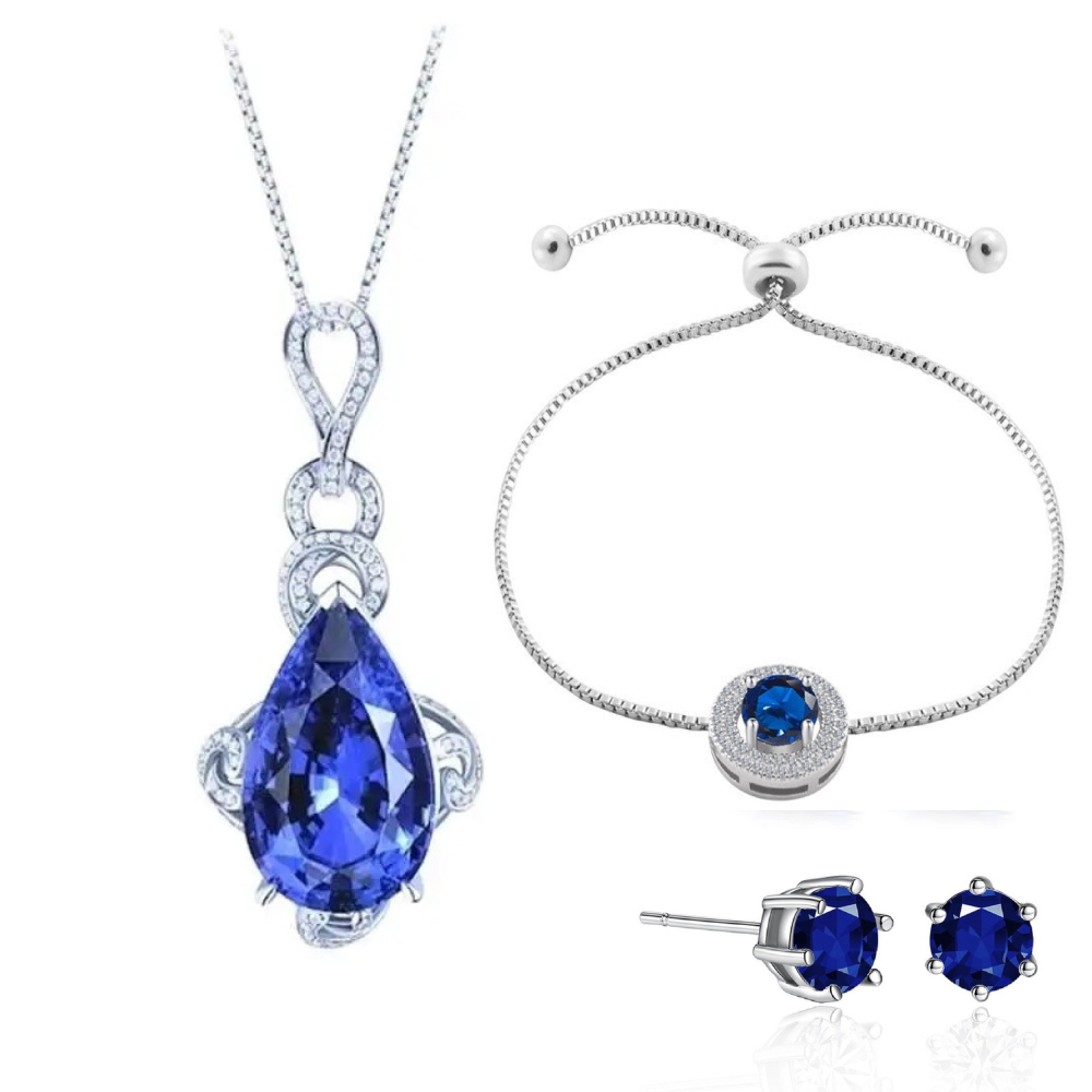30 pcs - Blue Simulated Sapphire Teardrop Pendant Necklace Bracelet and Earrings Tri-Set - 10 Sets|GCJ019GCJ525GCC019-Blue-Tri-Set|UK SELLER