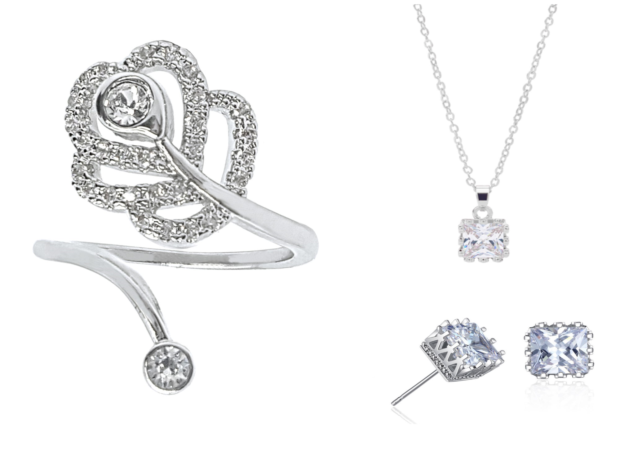 30 pcs - Silver Princess Cut Crystal Pendant Necklace Open Flower Ring and Crown Stud Earrings Tri-Set -10 Sets|GCJ087GCC046GCC104-Silver-Tri-Set|UK S