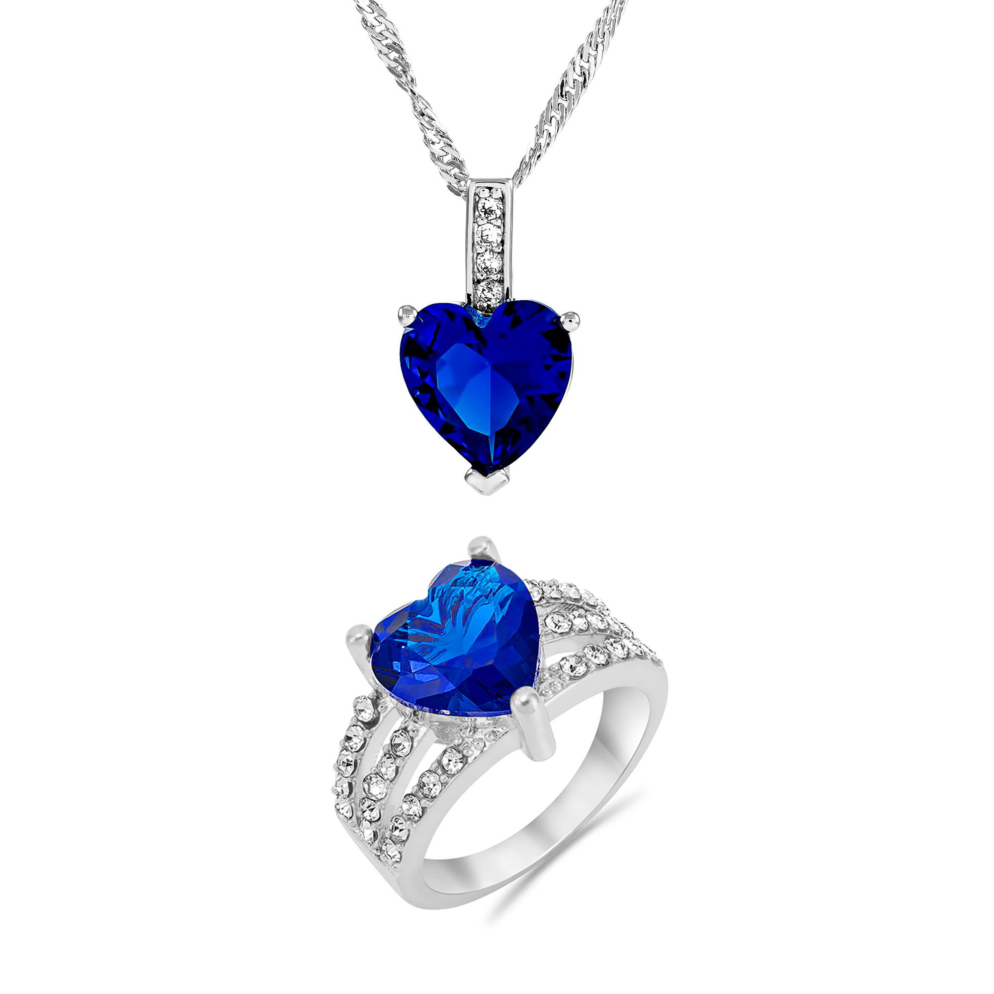 20 pcs - Blue Beautiful Simulated Crystal Elegant Pendant Heart-shaped Necklace and Ring Set - Random Ring Size - Total 10 Sets|GCJ010+GCJ024-Blue-Ran