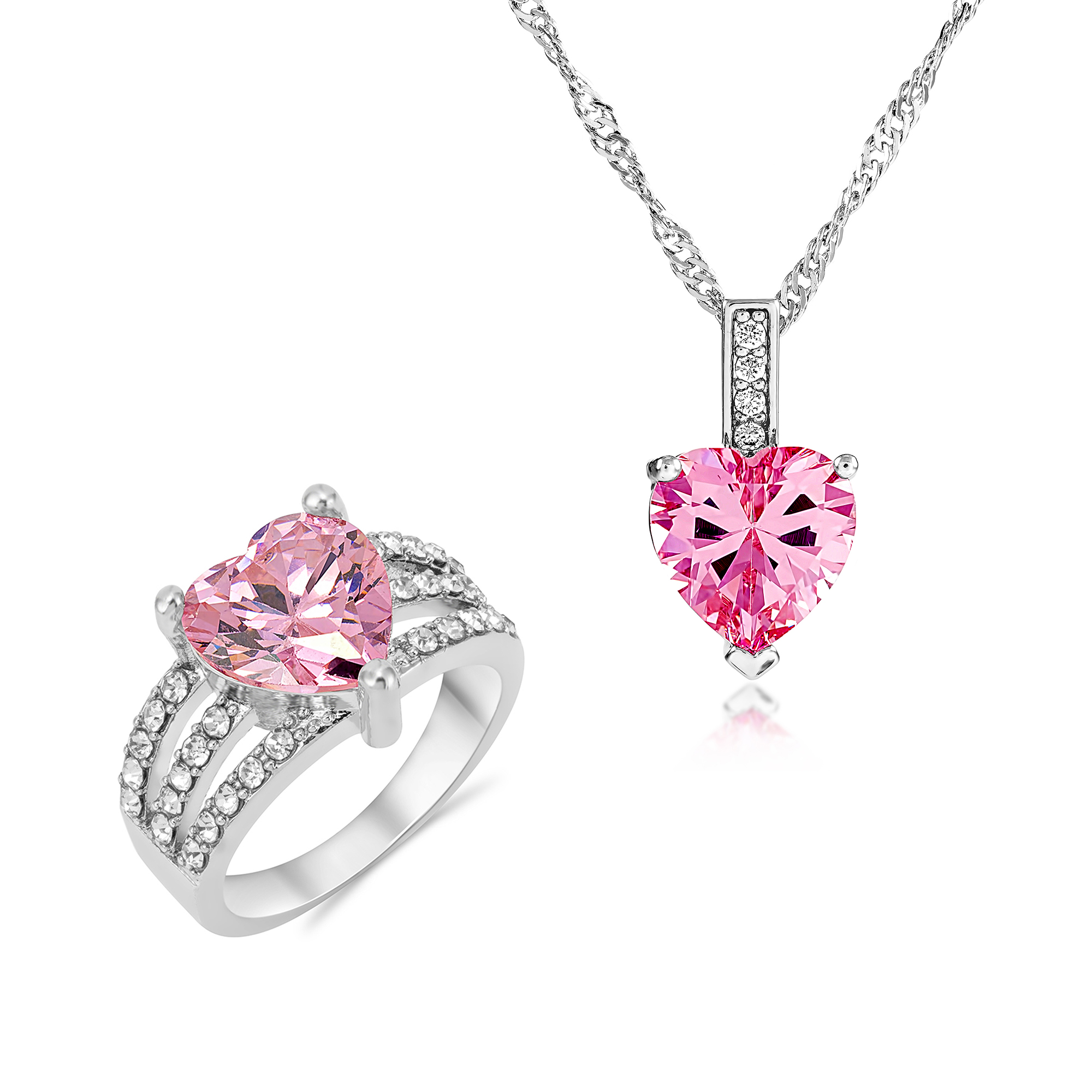 20 pcs - Pink Beautiful Simulated Crystal Elegant Pendant Heart-shaped Necklace and Ring Set - Random Ring Size - Total 10 Sets|GCJ010+GCJ024-Pink-Ran
