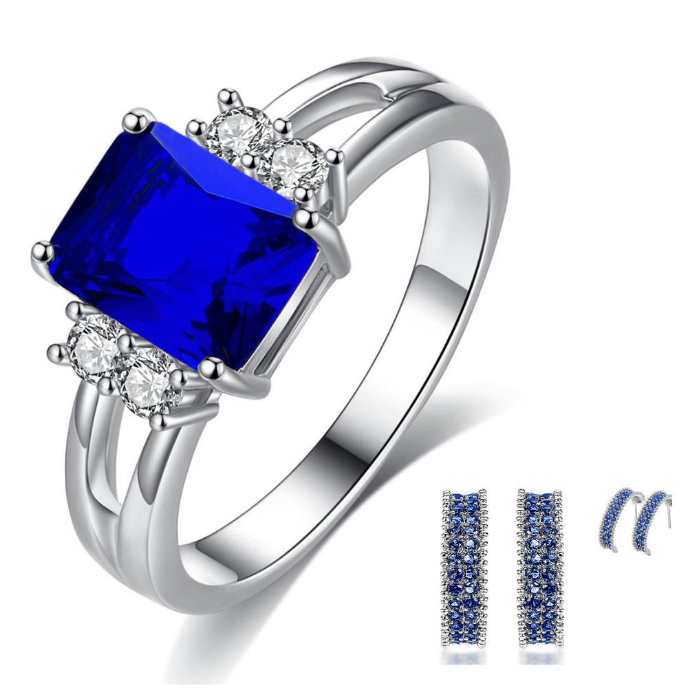 20 pcs - Trilogy Emerald Blue Crystal Ring and C Hoop Earrings Set - Random Ring Size - Total 10 Sets|GCJ017+GCJ032-Random Ring Size|UK SELLER