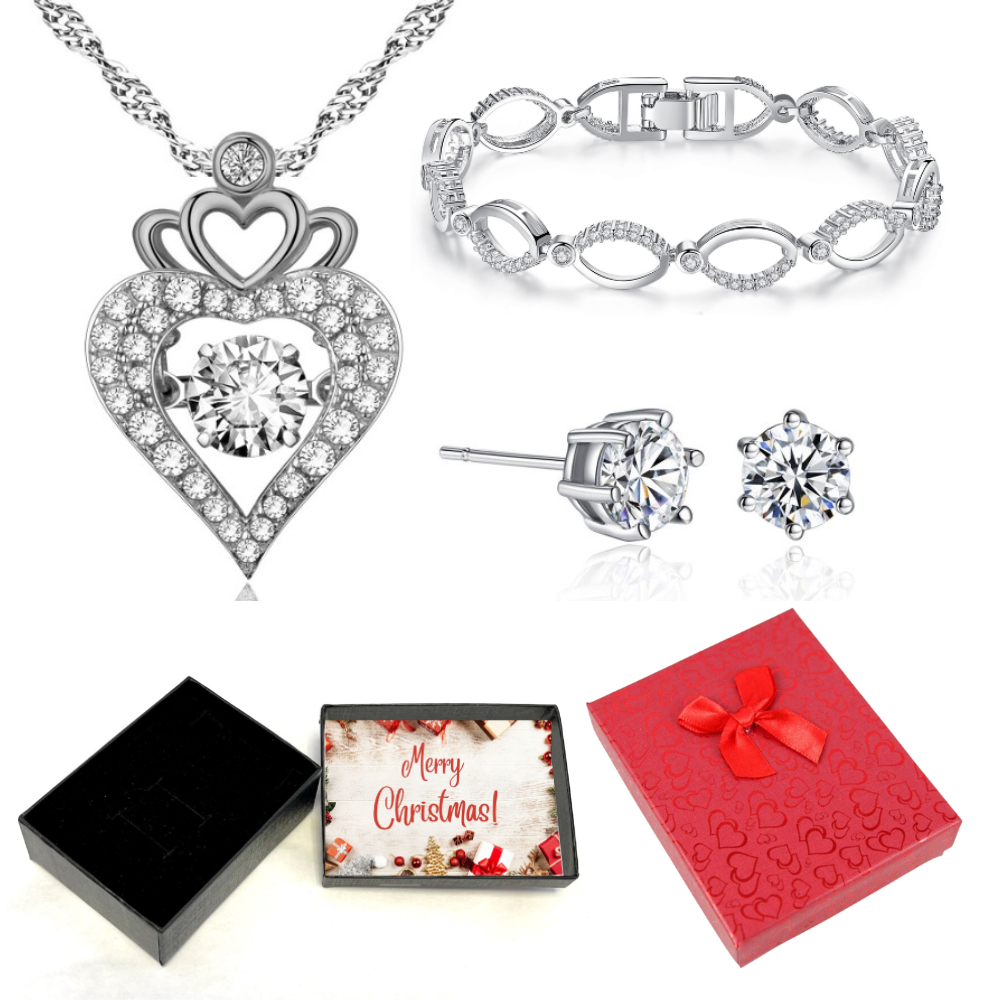 30 pcs - Love Heart Crystal Pendant Necklace Bangle Earrings Tri-Set With Christmas Gift Box - 10 Sets|GSV004GSVB061GCC070-XmasBox|UK SELLER