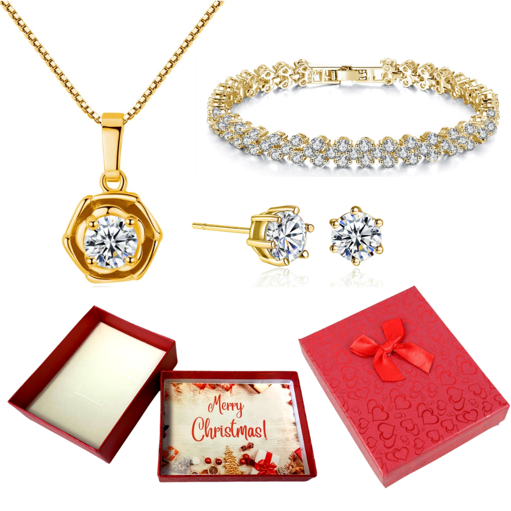 30 pcs - Classy Flower Zircon Crystals Pendant Necklace Earrings and Bracelet Gold Tone Tri-Set With Christmas Gift Box - 10 Sets|GSV004GCJ085GCC004-X